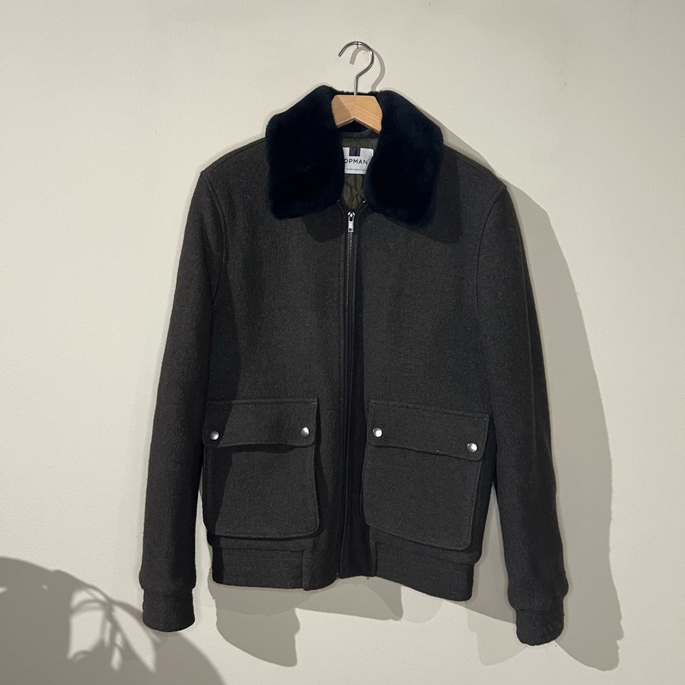 TOPMAN Olive Bomber w/ Black Faux Fur Collar